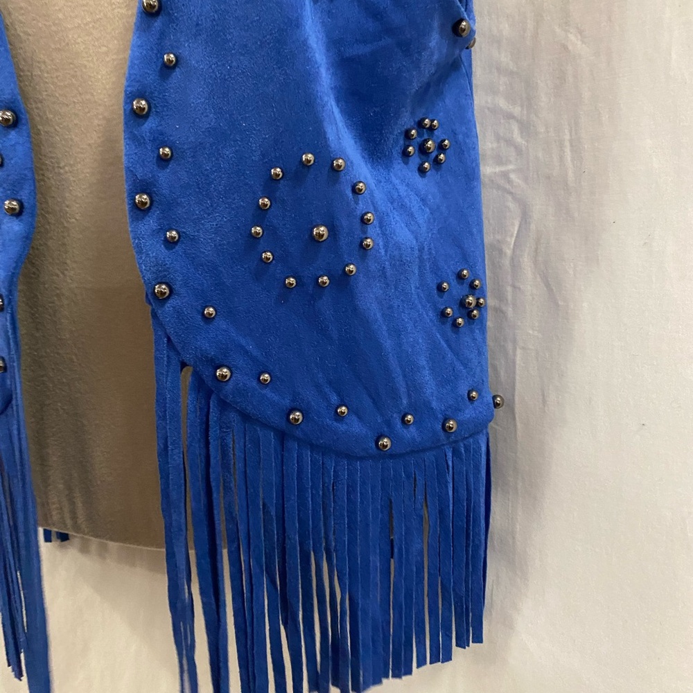 Vocal Stud Embellished Fringe Vest, feels like suede but washable, Royal Blue . - Picture 3 of 10